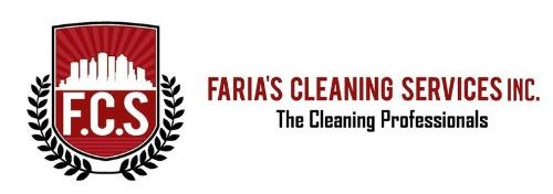 Logo of Faria's Cleaning Services Inc. featuring a red shield with city skyline and "F.C.S" initials, flanked by laurel leaves. The text reads "Faria's Cleaning Services Inc." and "The Cleaning Professionals" in red and black.