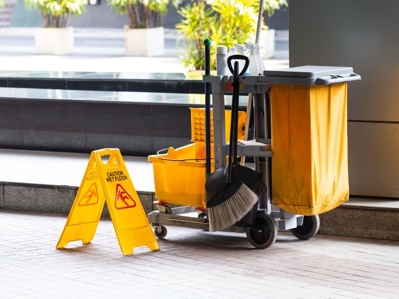 A janitorial cart with cleaning supplies, including a broom, mop, bucket, and yellow caution signs, is positioned in a spacious indoor area with large windows and potted plants in the background.