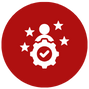 Icon with a white person shape above a cogwheel with a checkmark inside, surrounded by three stars on a red circular background.