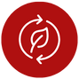Icon depicting a white leaf surrounded by two circular arrows on a red background, symbolizing sustainability or recycling.