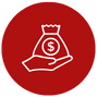 A white outline of a hand holding a money bag with a dollar sign on it, set against a red circular background.