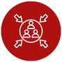 Icon of three people inside a circle with arrows pointing inward, set on a red circular background.