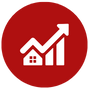 A red circular icon with a white house and ascending graph arrow. The arrow represents growth or increase, set against a red background.