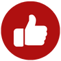 A white thumbs-up icon centered on a red circular background.