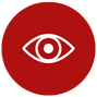 A circular red icon with a stylized white eye in the center. The background is solid red, and the eye consists of a simple oval shape with a concentric circle representing the iris and pupil.