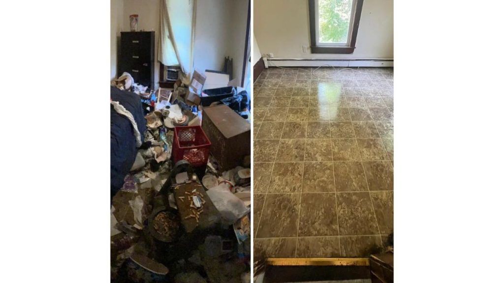 Side-by-side comparison of a room before and after cleaning. The left image shows a cluttered, messy space with scattered items and debris. The right image displays the same room, now clean and tidy, with a clear floor and minimal furnishings.