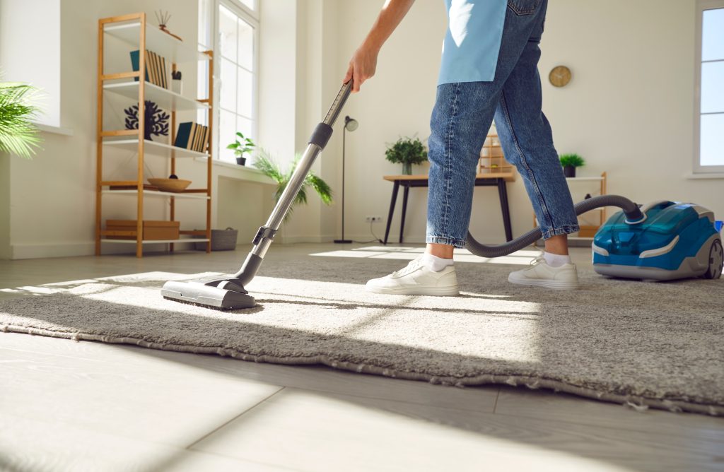 A person in jeans and sneakers vacuums a light gray carpet in a bright, modern living room with large windows. Sunlight streams in, illuminating plants, a wooden shelf, and various decorative items in the background.