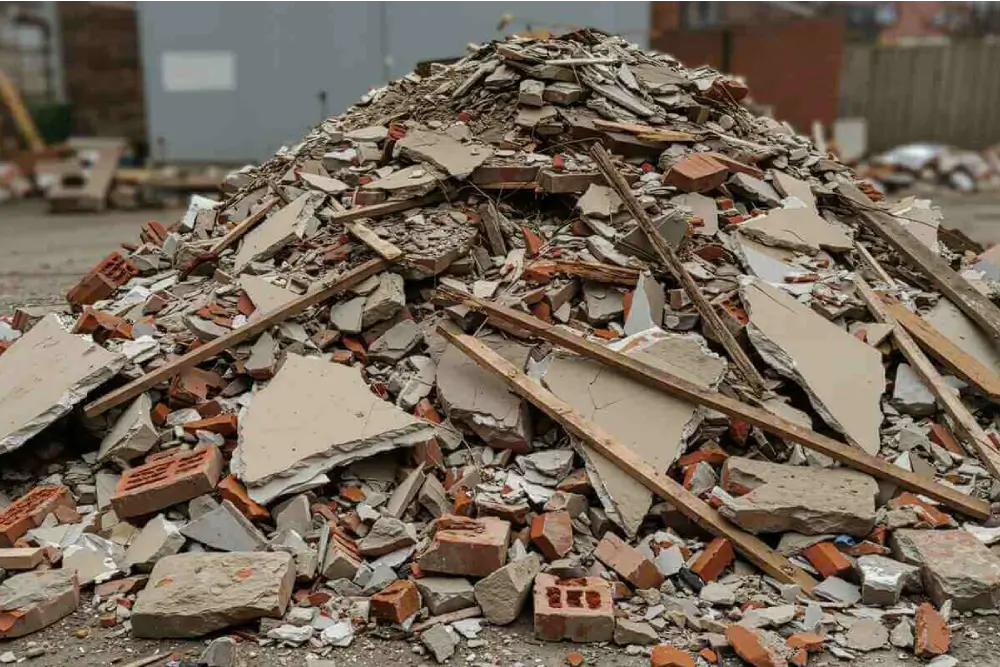 A large pile of construction debris, including broken bricks, concrete, wood, and drywall, sits outdoors on a concrete surface. The background shows more scattered debris and blurred buildings.