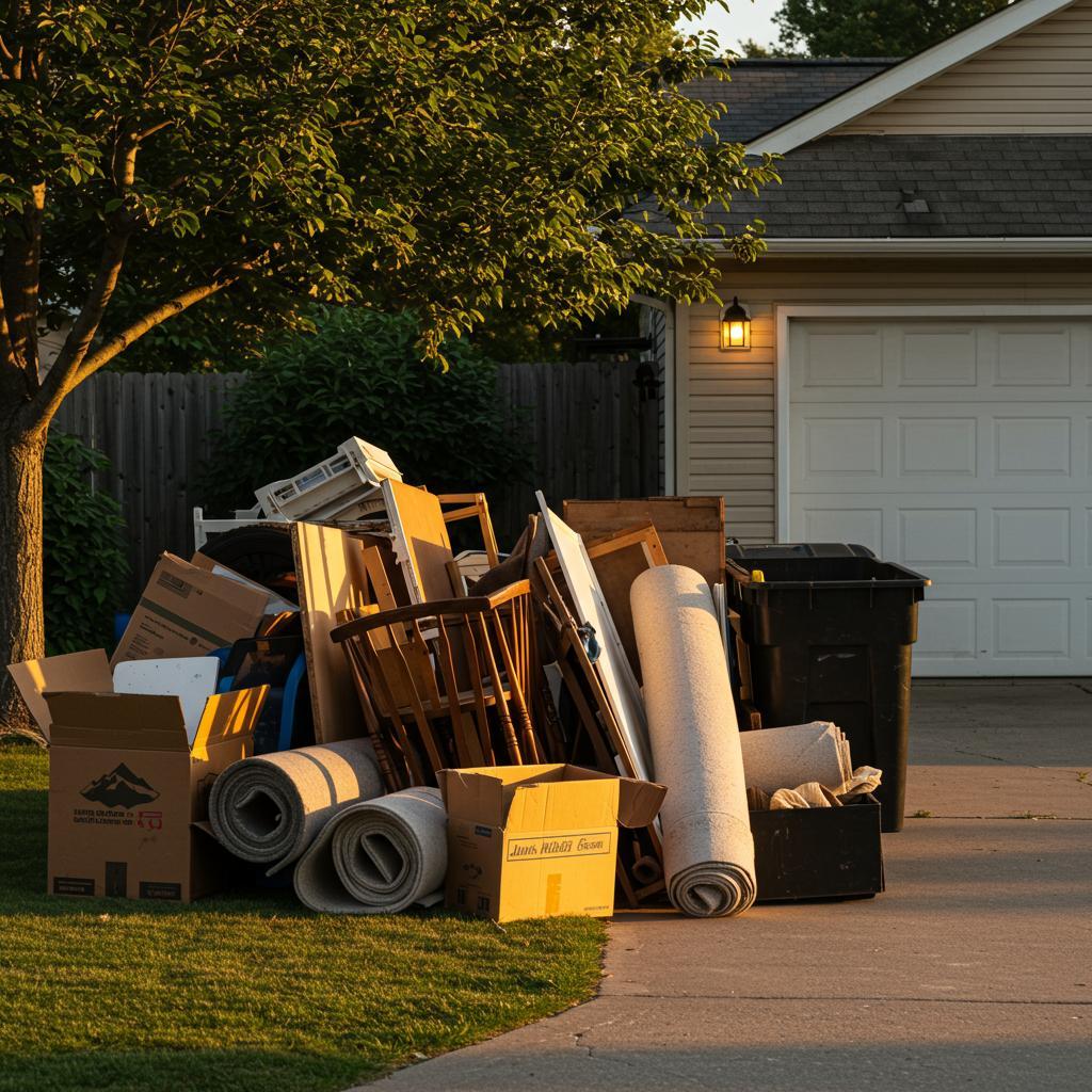 A pile of household items, furniture, cardboard boxes, and rolled-up carpets sits on a driveway in front of a garage at sunset, next to two trash bins and a shady tree.